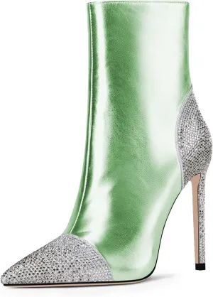 FSJ Women Bling Rhinestone Pointed Toe High Heels Ankle Boots Stiletto Studded with Crystal Sparkly Booties Side Zipper Elegant Winter Evening Dress Shoes Size 4-15 US