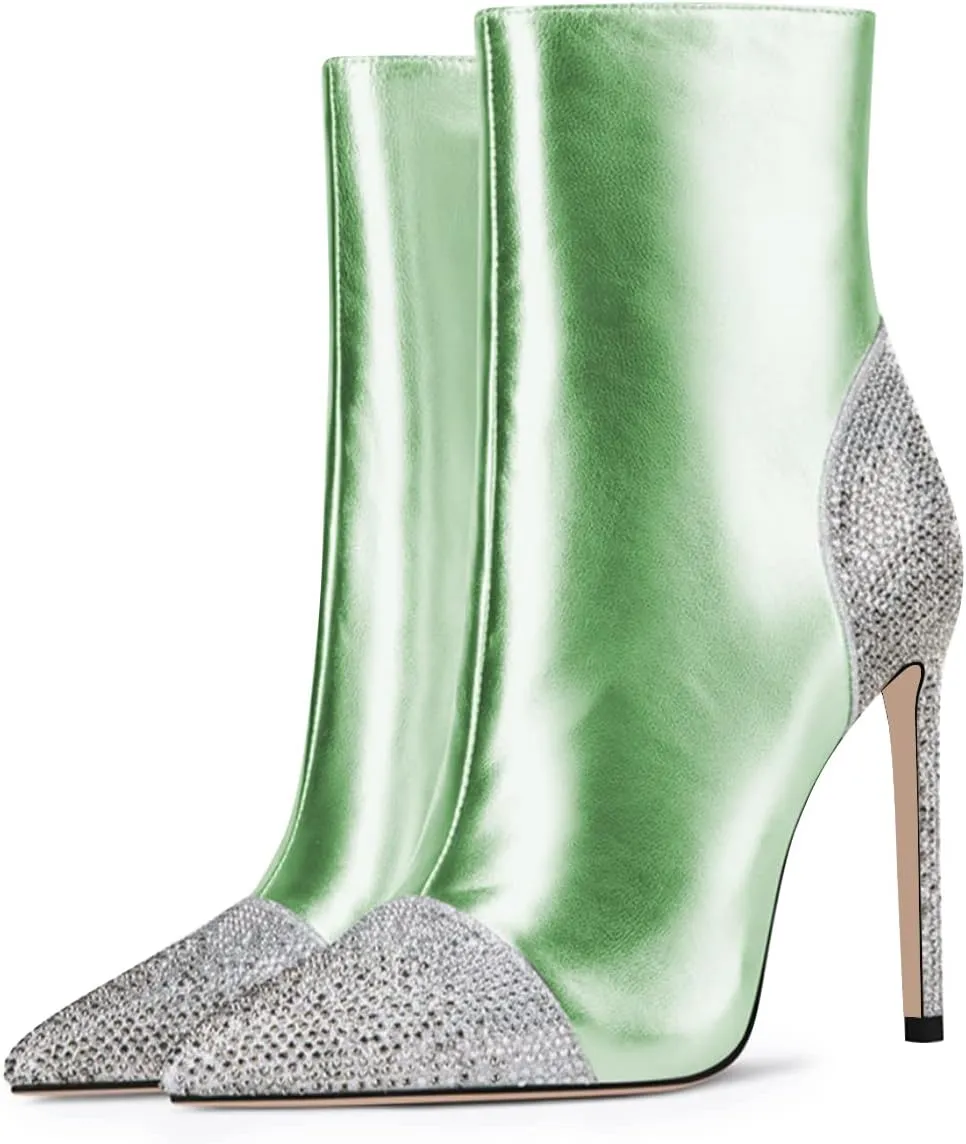FSJ Women Bling Rhinestone Pointed Toe High Heels Ankle Boots Stiletto Studded with Crystal Sparkly Booties Side Zipper Elegant Winter Evening Dress Shoes Size 4-15 US