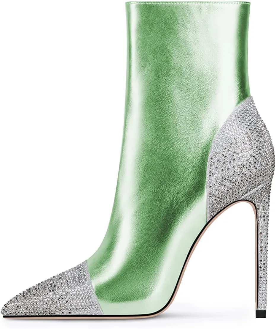 FSJ Women Bling Rhinestone Pointed Toe High Heels Ankle Boots Stiletto Studded with Crystal Sparkly Booties Side Zipper Elegant Winter Evening Dress Shoes Size 4-15 US