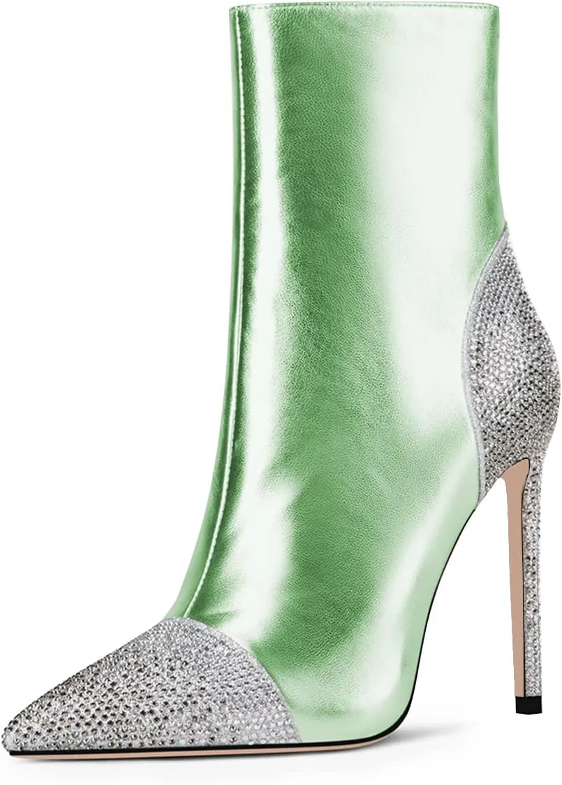 FSJ Women Bling Rhinestone Pointed Toe High Heels Ankle Boots Stiletto Studded with Crystal Sparkly Booties Side Zipper Elegant Winter Evening Dress Shoes Size 4-15 US
