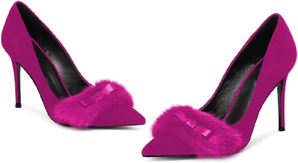 FSJ Women Chic Pointed Toe Stiletto High Heel Pumps Fur Fur Bow Slip On Elegant Custom Handmade Faux Suede Dress Party Shoes Size 4-15 US