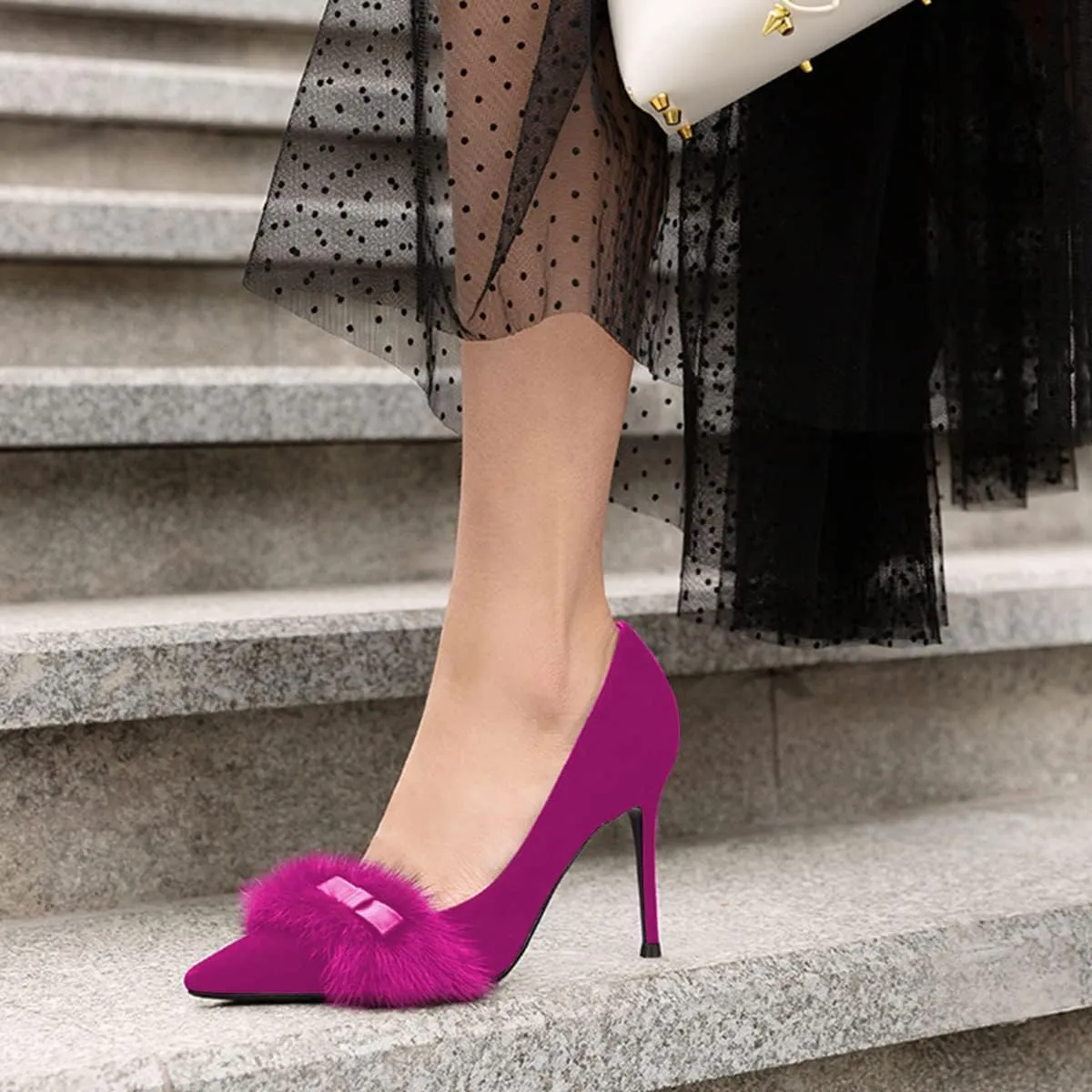 FSJ Women Chic Pointed Toe Stiletto High Heel Pumps Fur Fur Bow Slip On Elegant Custom Handmade Faux Suede Dress Party Shoes Size 4-15 US