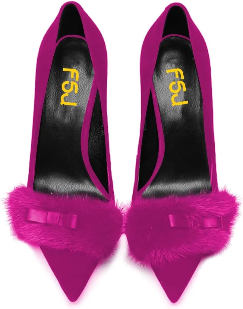 FSJ Women Chic Pointed Toe Stiletto High Heel Pumps Fur Fur Bow Slip On Elegant Custom Handmade Faux Suede Dress Party Shoes Size 4-15 US