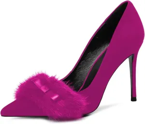 FSJ Women Chic Pointed Toe Stiletto High Heel Pumps Fur Fur Bow Slip On Elegant Custom Handmade Faux Suede Dress Party Shoes Size 4-15 US