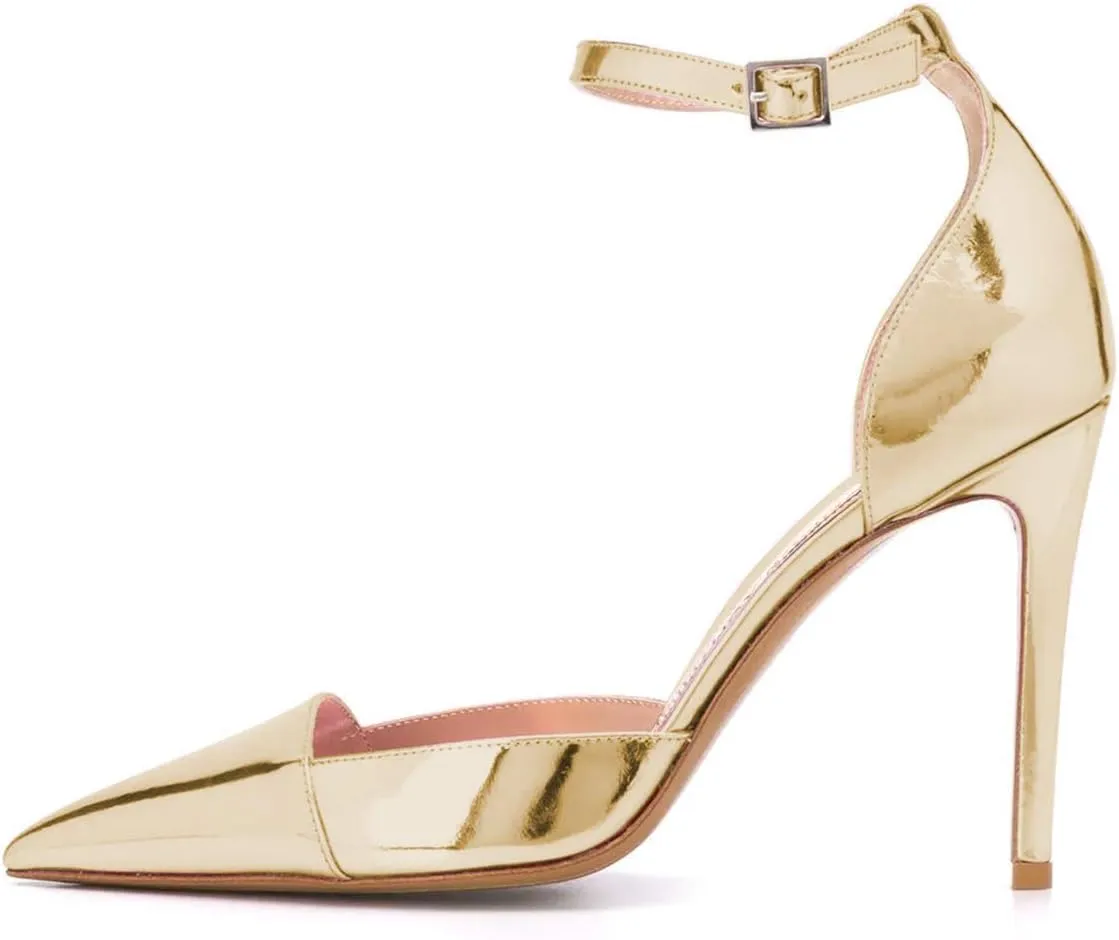 FSJ Women Elegant D'Orsay Pumps Closed Pointed Toe High Heels Stilettos Buckle Ankle Strap Bridal Party Dress Shoes Size 4-15 US