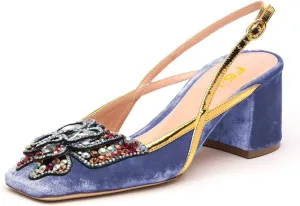 FSJ Women Elegant Square Toe Slingback Chunky Block Mid Heel Pumps Crystal Butterfly Heeled Sandals with Buckle Daily Walking Dress Shoes Size 4-16 US