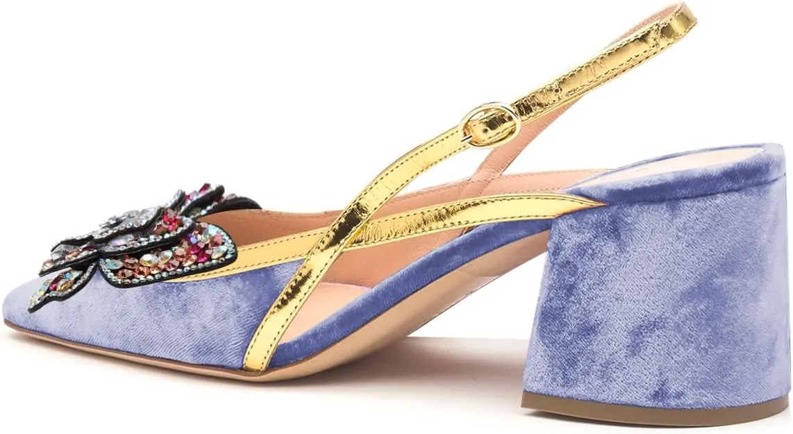FSJ Women Elegant Square Toe Slingback Chunky Block Mid Heel Pumps Crystal Butterfly Heeled Sandals with Buckle Daily Walking Dress Shoes Size 4-16 US