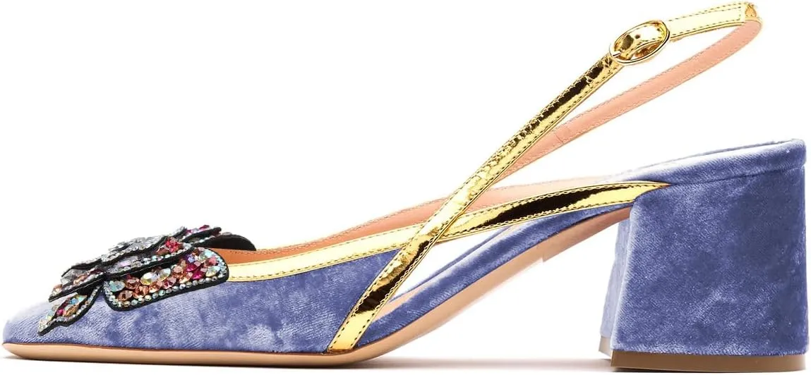 FSJ Women Elegant Square Toe Slingback Chunky Block Mid Heel Pumps Crystal Butterfly Heeled Sandals with Buckle Daily Walking Dress Shoes Size 4-16 US