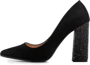 FSJ Women Sparkling Glitter Chunky High Heel Suede Pumps Closed Pointed Toe Slip On Block Heel Ladies Classic Basic Office Outfit Shoes Size 4-15 US
