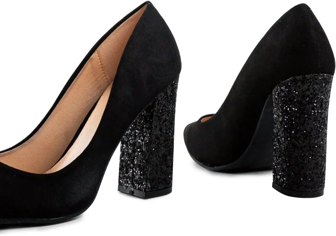 FSJ Women Sparkling Glitter Chunky High Heel Suede Pumps Closed Pointed Toe Slip On Block Heel Ladies Classic Basic Office Outfit Shoes Size 4-15 US