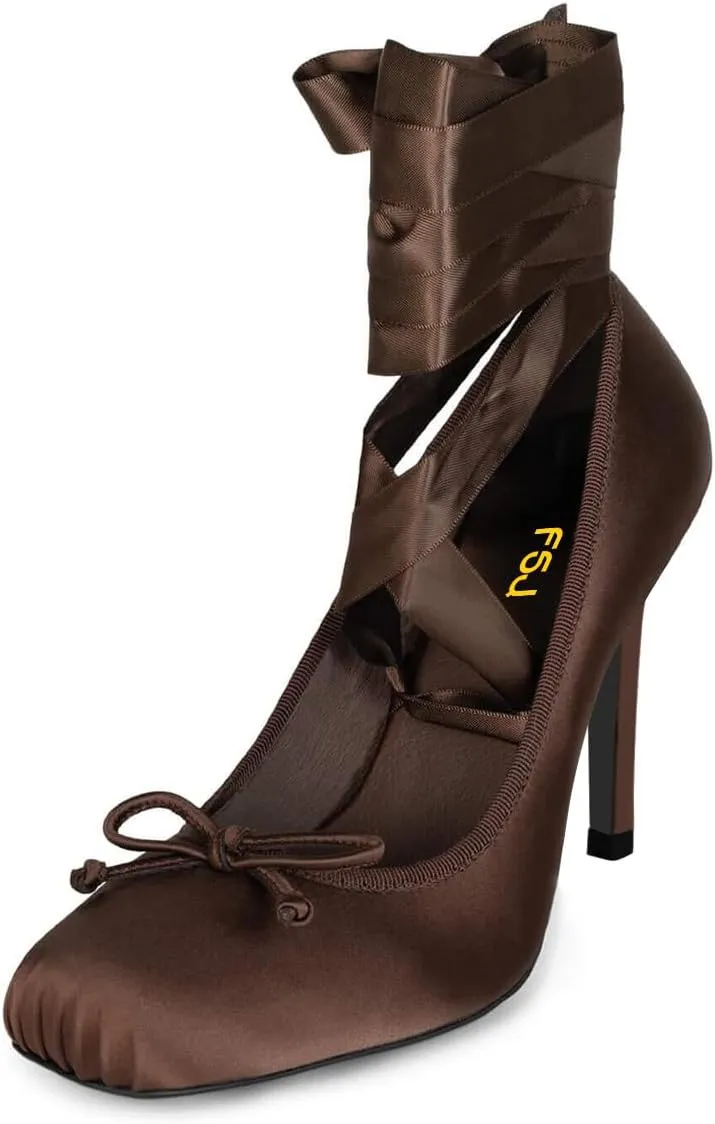 FSJ Women Square Toe Bow Tie Satin Ballet High Heel Sexy Lace-up Stiletto Pumps Elegant Mary Janes Party Shoes Size 4-16 US