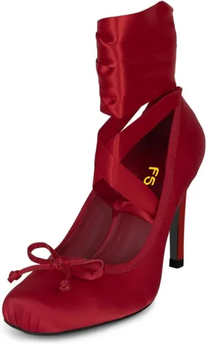 FSJ Women Square Toe Bow Tie Satin Ballet High Heel Sexy Lace-up Stiletto Pumps Elegant Mary Janes Party Shoes Size 4-16 US