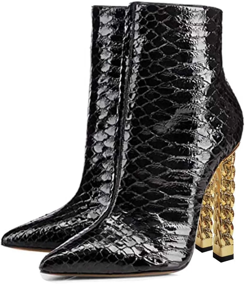 FSJ Women Trendy Pointed Toe Ankle Boot Block Chunky Gold High Heel Bootie Party Prom Shoes with Zipper Size 4-15 US