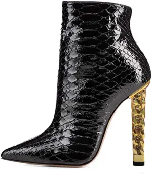 FSJ Women Trendy Pointed Toe Ankle Boot Block Chunky Gold High Heel Bootie Party Prom Shoes with Zipper Size 4-15 US