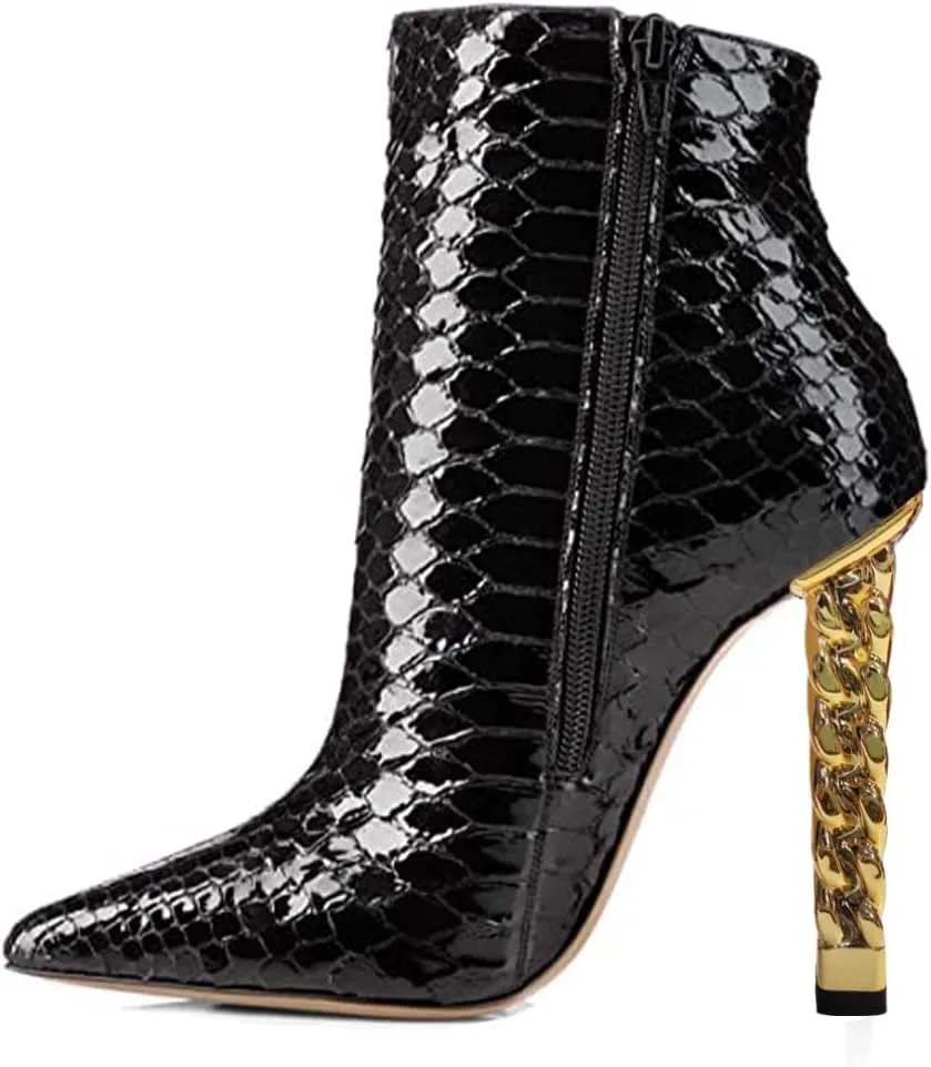 FSJ Women Trendy Pointed Toe Ankle Boot Block Chunky Gold High Heel Bootie Party Prom Shoes with Zipper Size 4-15 US