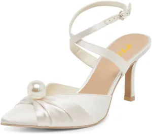 FYS Women Pointed Toe Pearl Pumps Ankle Strap Kitten Mid Heels Strappy Elegant Prom Evening Shoes Size 4-16 US