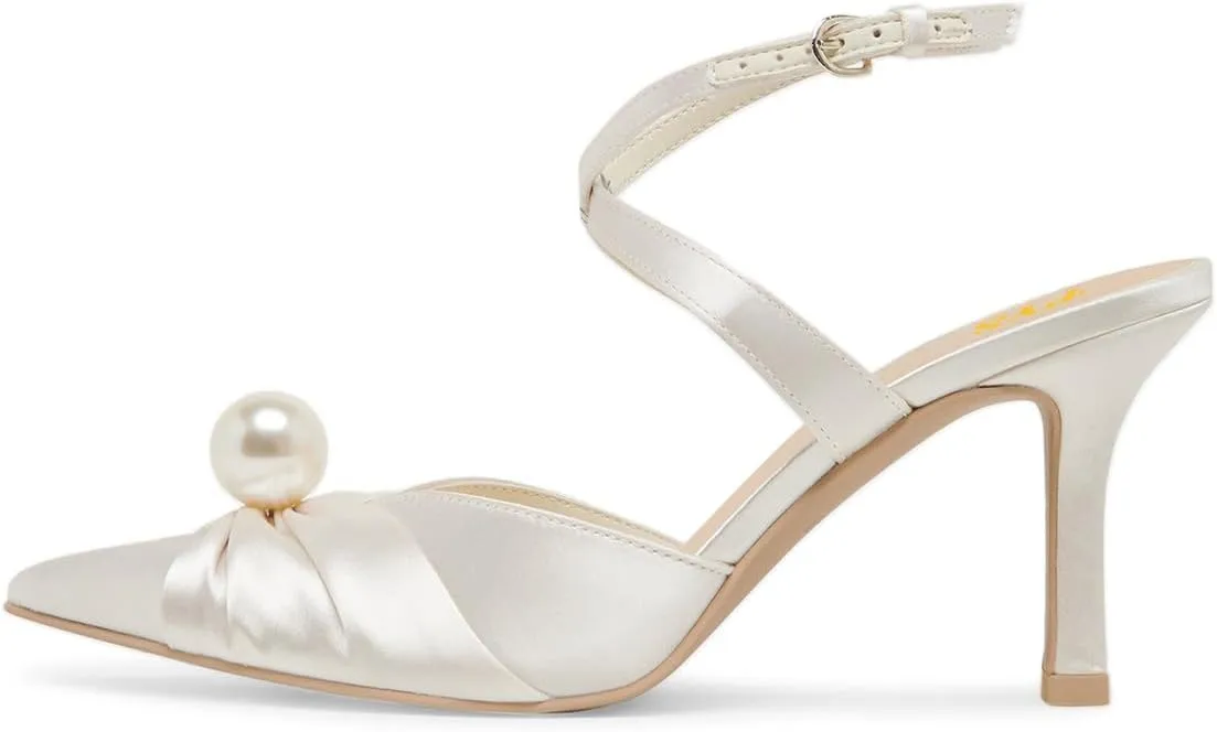 FYS Women Pointed Toe Pearl Pumps Ankle Strap Kitten Mid Heels Strappy Elegant Prom Evening Shoes Size 4-16 US