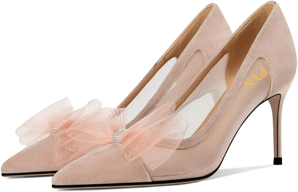 FYS Women's Fashion Pointed Toe Mesh Pumps Elegant Bowknot Slip On Stiletto High Heels Party Evening Dress Wedding Shoes Size 4-16 US