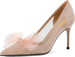 FYS Women's Fashion Pointed Toe Mesh Pumps Elegant Bowknot Slip On Stiletto High Heels Party Evening Dress Wedding Shoes Size 4-16 US