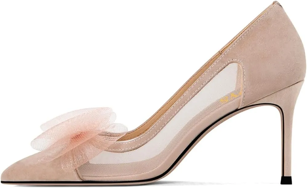 FYS Women's Fashion Pointed Toe Mesh Pumps Elegant Bowknot Slip On Stiletto High Heels Party Evening Dress Wedding Shoes Size 4-16 US