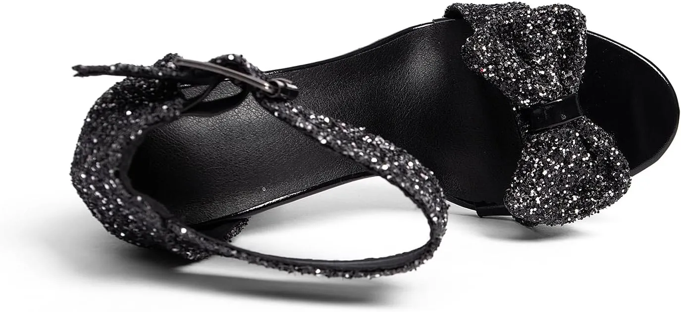 GATUXUS Women's Chunky High Heels Sandals Glitter Bow Open Toe Ankle Strap Block Heel Dress Shoes