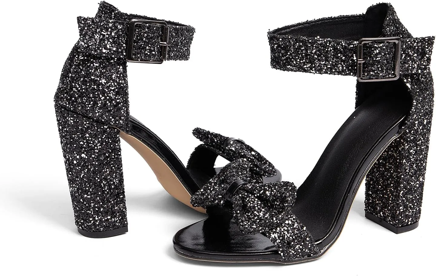 GATUXUS Women's Chunky High Heels Sandals Glitter Bow Open Toe Ankle Strap Block Heel Dress Shoes
