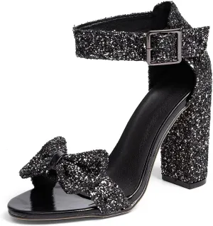 GATUXUS Women's Chunky High Heels Sandals Glitter Bow Open Toe Ankle Strap Block Heel Dress Shoes