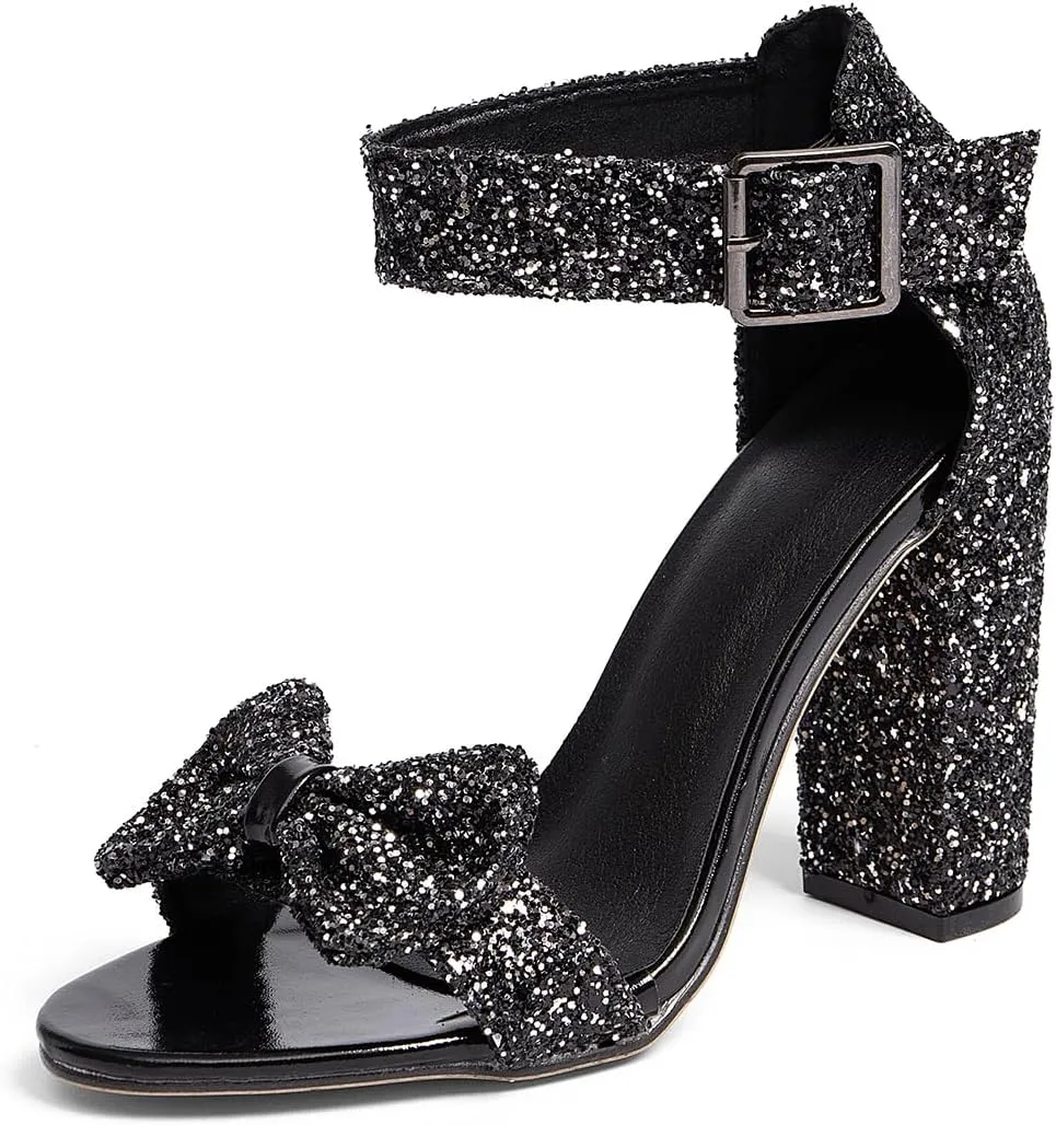 GATUXUS Women's Chunky High Heels Sandals Glitter Bow Open Toe Ankle Strap Block Heel Dress Shoes
