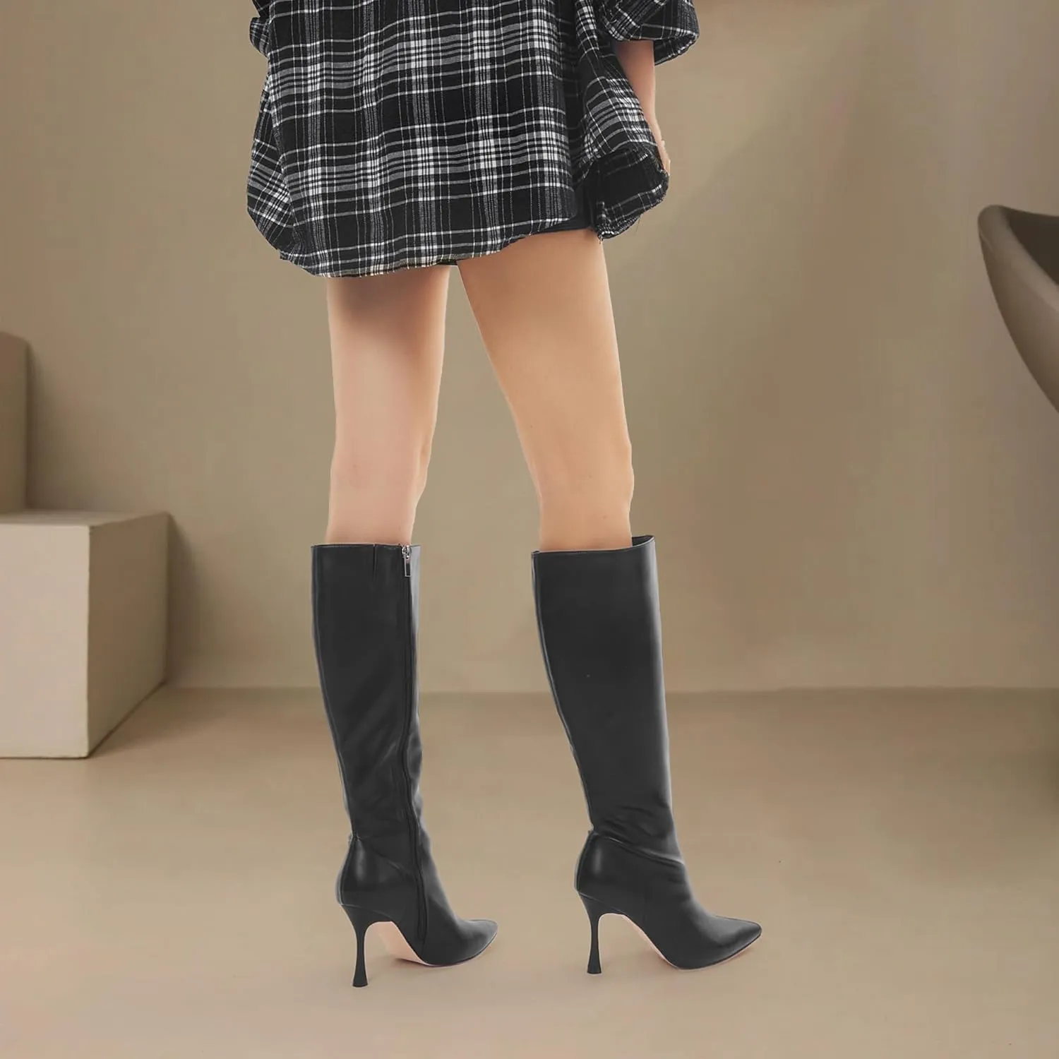 GENSHUO Knee High Heel Boots for Women Elegant Pointed Toe Stiletto Boots Trendy Side Zipper Women’s Heel Stylish and Sexy Design