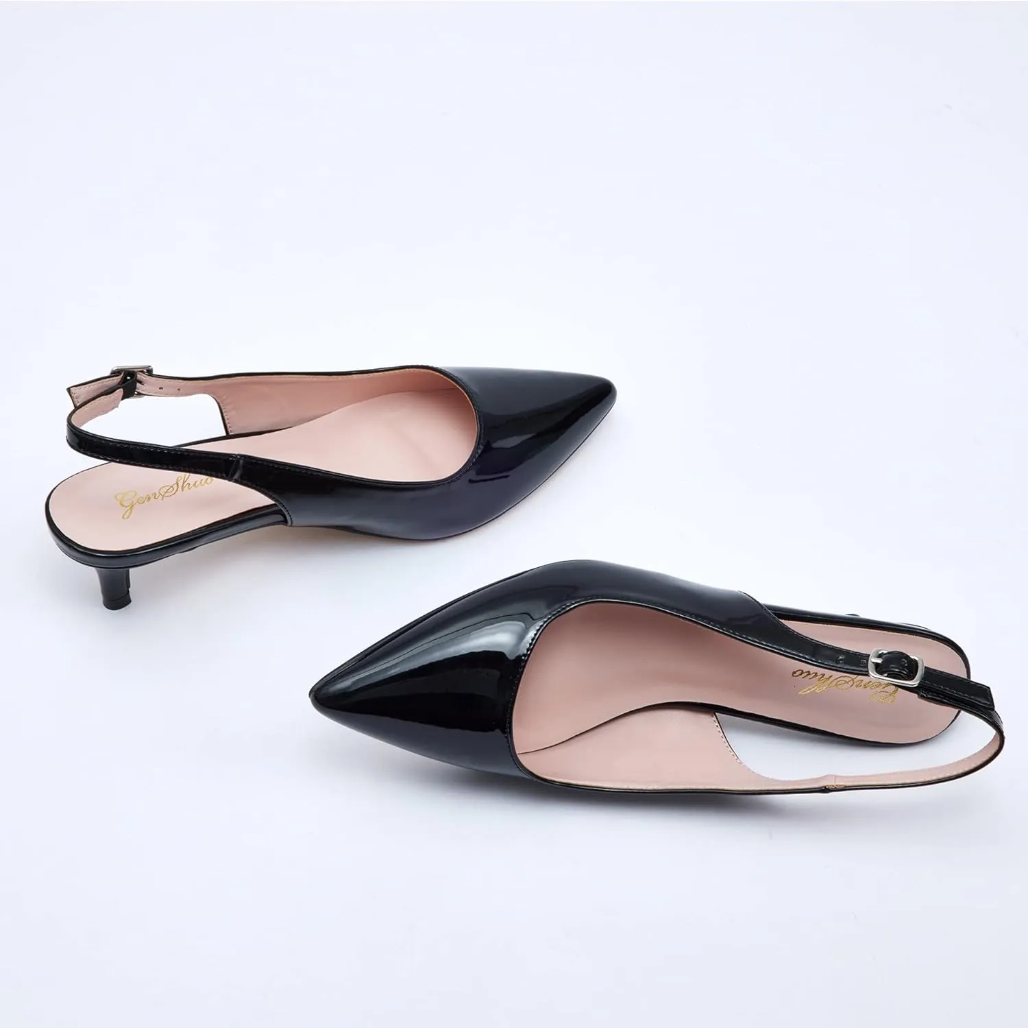 GENSHUO Low Kitten Heels Women's Slingback Dressy Pumps Pointed Closed Toe Ankle Strap Elegant Wedding Pumps Formal Comfortable Shoes