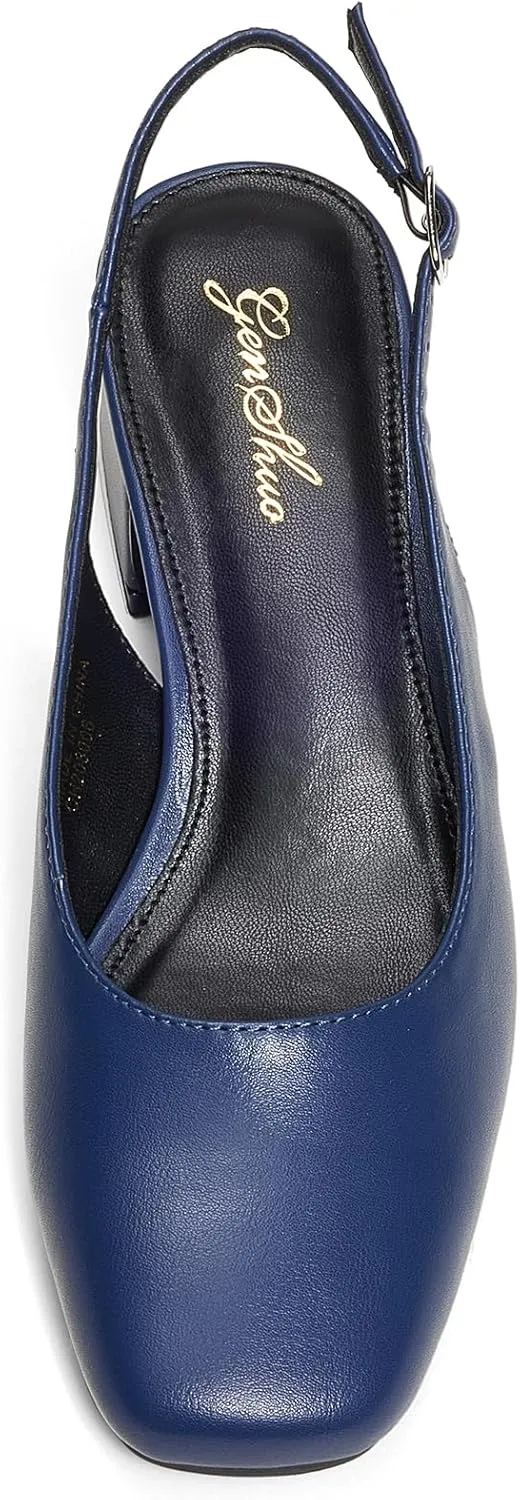 GENSHUO Women's Pumps Square Toe Slingback Low Heels Block Chunky Heel 2.36 Inch Black White Navy Blue Nude Dress Shoes for Daily Office Party