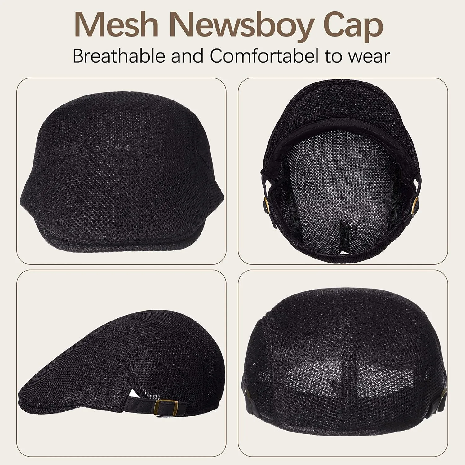 Geyoga 3 Pieces Mesh Newsboy Cap Mesh Breathable Summer Cap Adjustable Newsboy Beret Cap Cabbie Flat Cap