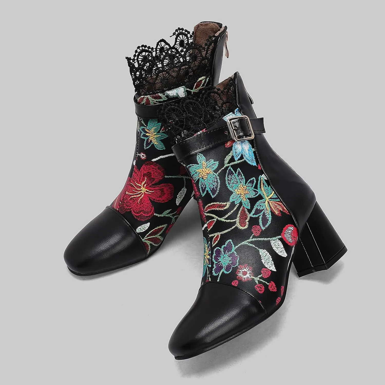 Gicoiz Women Elegant Floral Chelsea Ankle Boots Block Heel