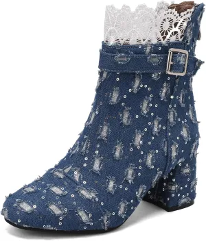 Gicoiz Women Elegant Floral Chelsea Ankle Boots Block Heel