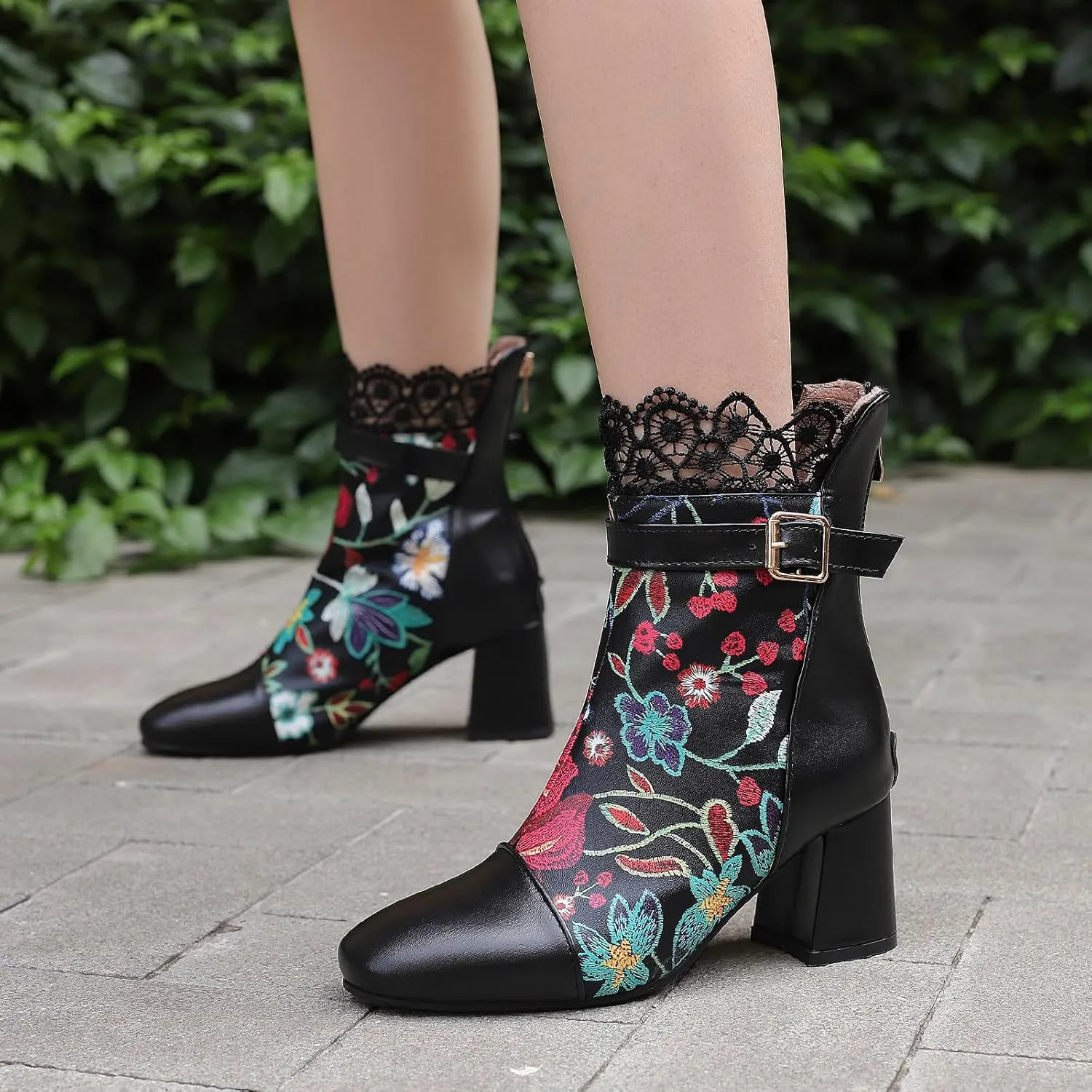 Gicoiz Women Elegant Floral Chelsea Ankle Boots Block Heel