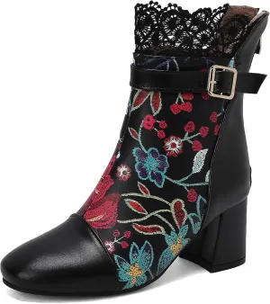 Gicoiz Women Elegant Floral Chelsea Ankle Boots Block Heel
