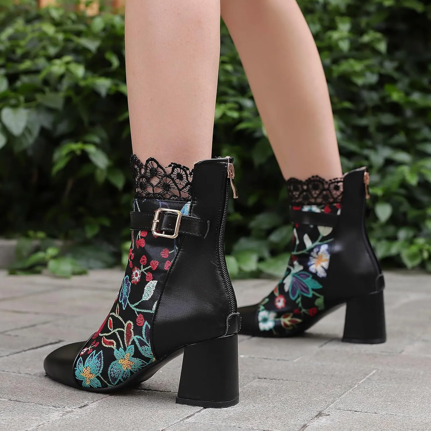 Gicoiz Women Elegant Floral Chelsea Ankle Boots Block Heel