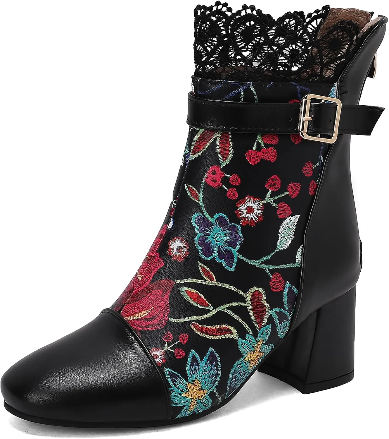 Gicoiz Women Elegant Floral Chelsea Ankle Boots Block Heel