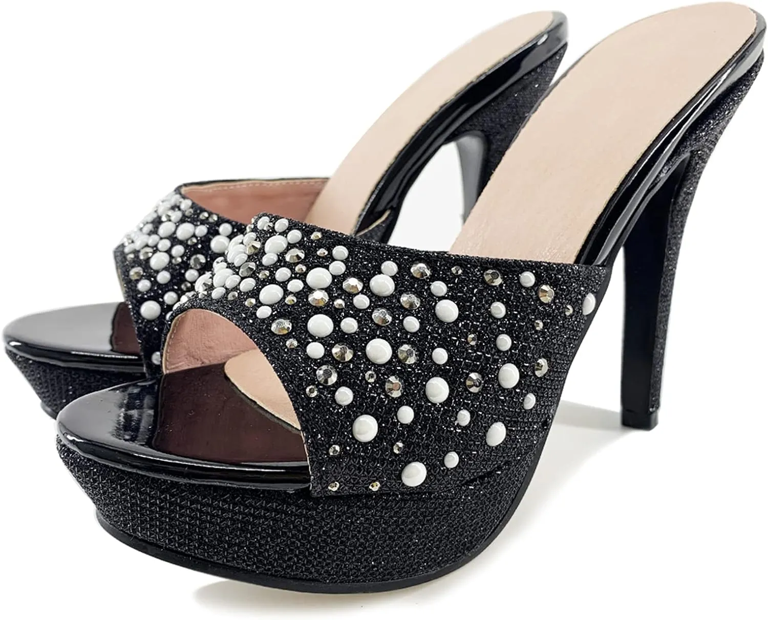 Gicoiz Women Stiletto Mules Platform High Heel Glitter Sandals Peep Toe