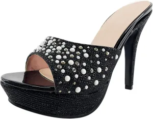 Gicoiz Women Stiletto Mules Platform High Heel Glitter Sandals Peep Toe