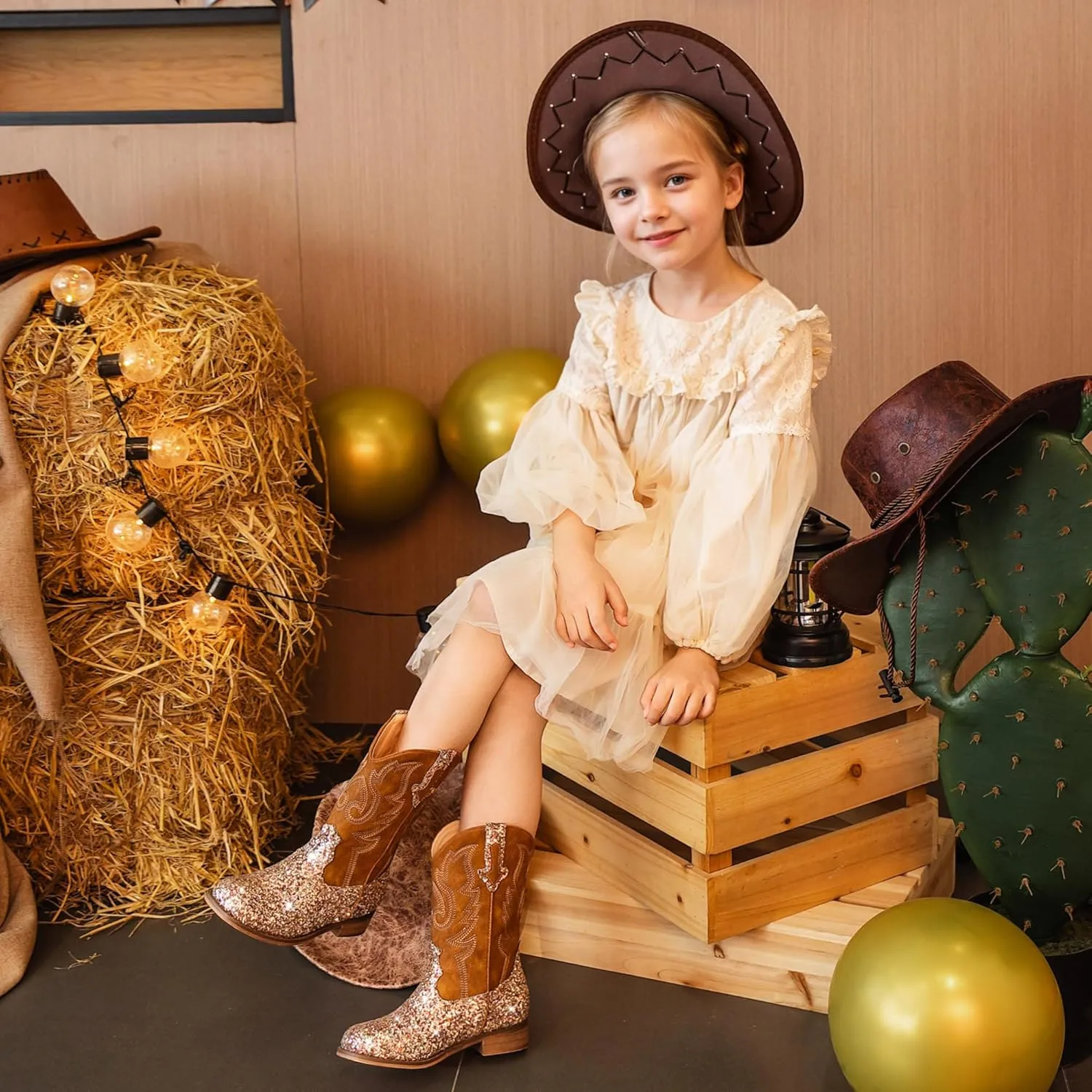 Girls Cowgirl Boots Unisex-Child Mid Calf Glitter Toddler Cowboy Boot Little Big Kids Western Riding Shoes
