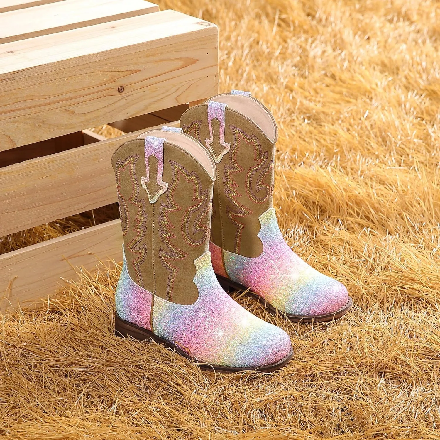 Girls Cowgirl Boots Unisex-Child Mid Calf Glitter Toddler Cowboy Boot Little Big Kids Western Riding Shoes