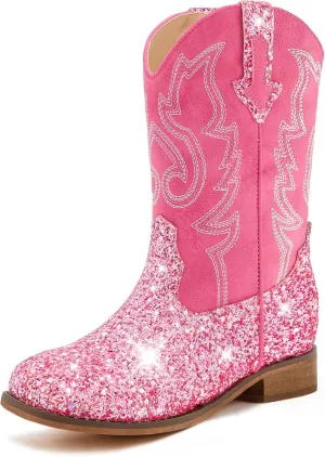 Girls Cowgirl Boots Unisex-Child Mid Calf Glitter Toddler Cowboy Boot Little Big Kids Western Riding Shoes