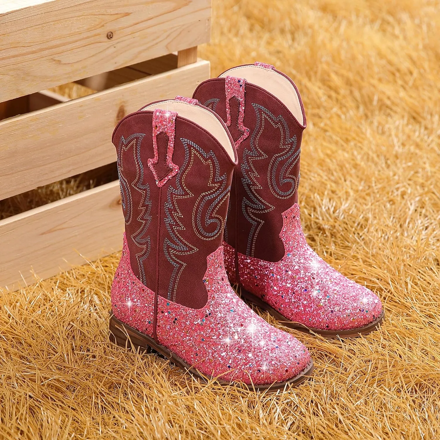 Girls Cowgirl Boots Unisex-Child Mid Calf Glitter Toddler Cowboy Boot Little Big Kids Western Riding Shoes