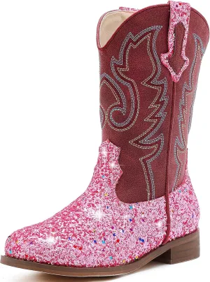 Girls Cowgirl Boots Unisex-Child Mid Calf Glitter Toddler Cowboy Boot Little Big Kids Western Riding Shoes