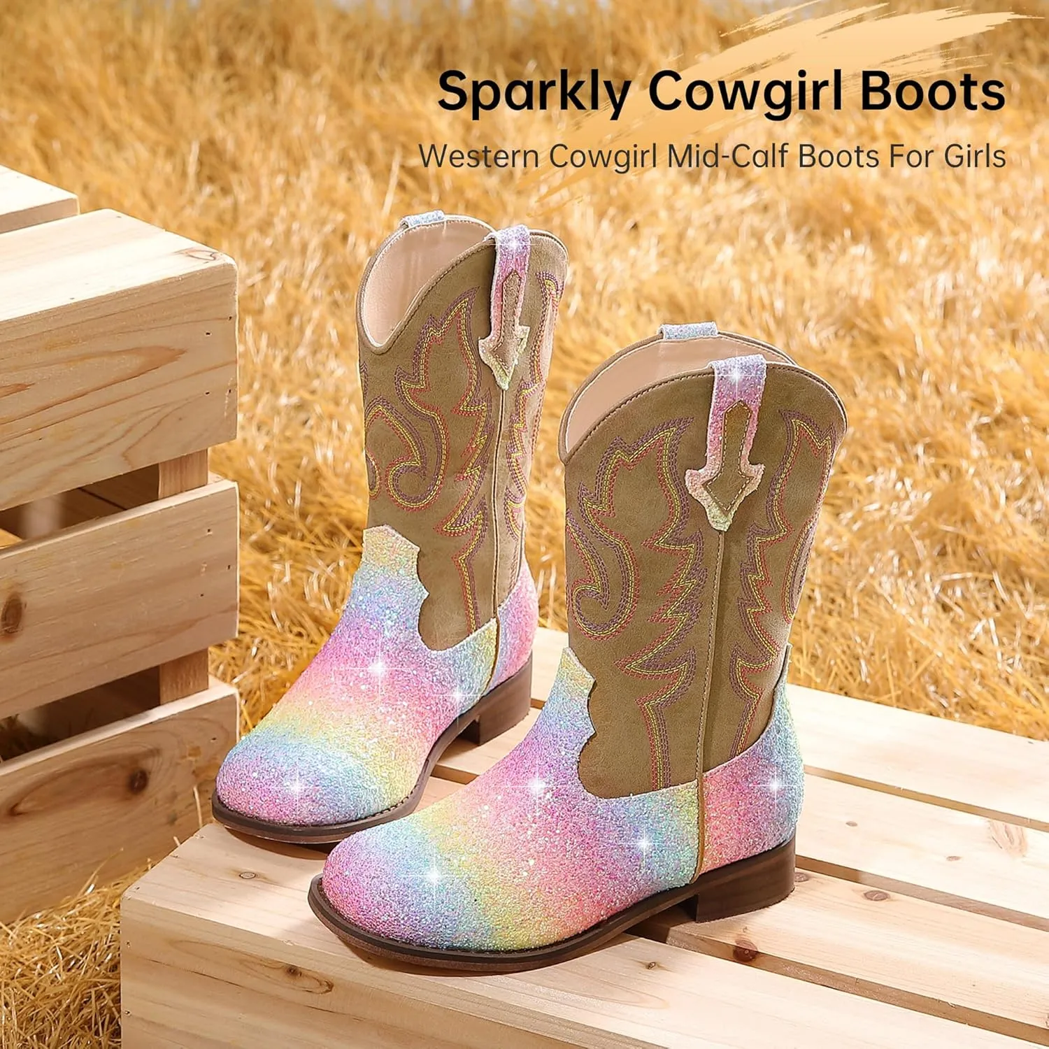 Girls Cowgirl Boots Unisex-Child Mid Calf Glitter Toddler Cowboy Boot Little Big Kids Western Riding Shoes