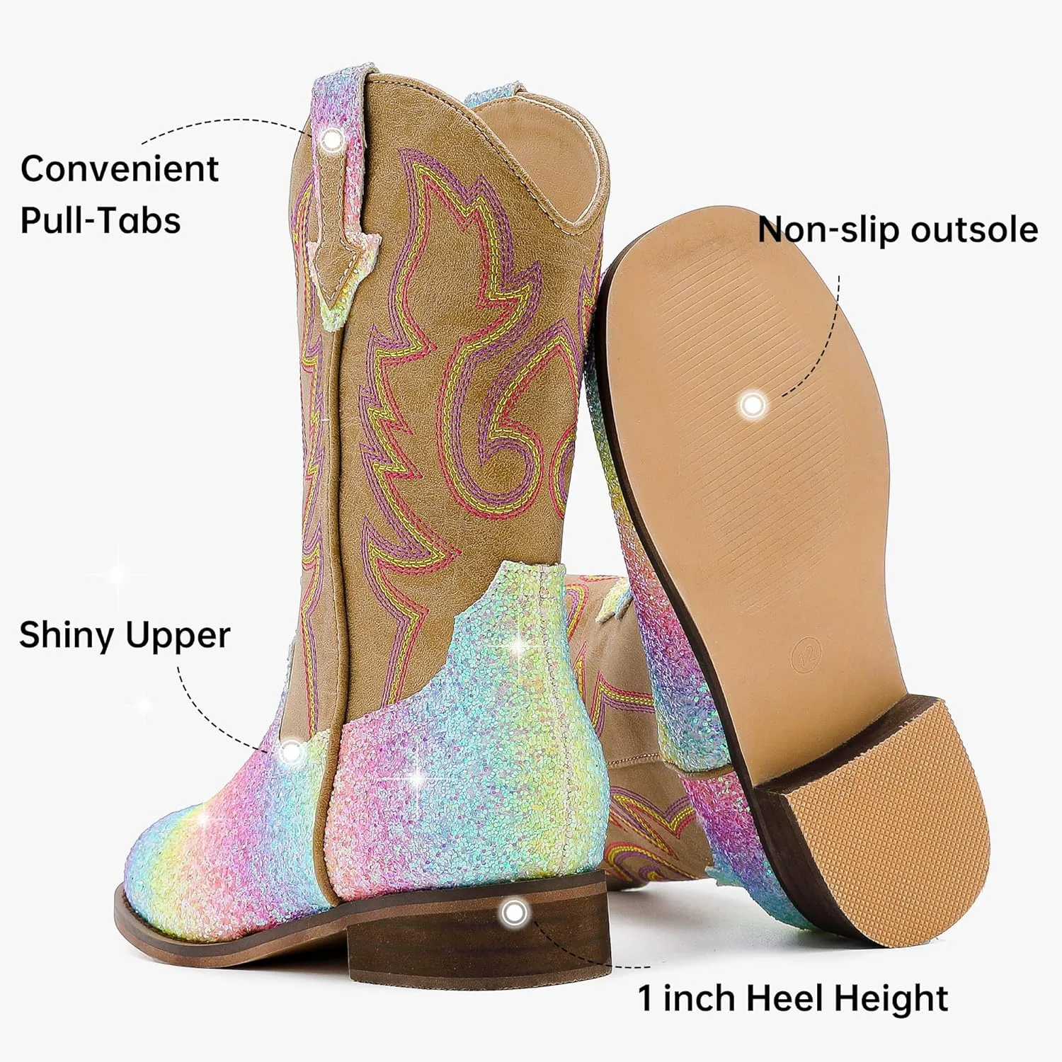 Girls Cowgirl Boots Unisex-Child Mid Calf Glitter Toddler Cowboy Boot Little Big Kids Western Riding Shoes