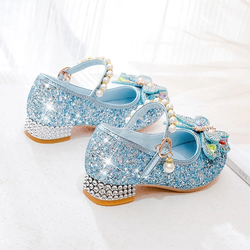 Girls Dress Shoes Mary Jane Princess Shoes Girls' Flats Glitter Low Heels Flower Wedding Party Footwear for Toddler Little/Big Kid