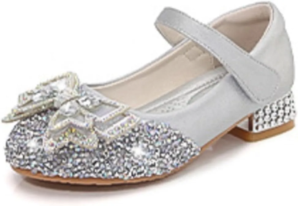 Girls Dress Shoes Mary Jane Wedding Party Glitter Low Heel Bow Princess Flower Shoe for Toddler/Little Kid
