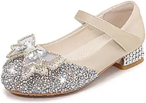 Girls Dress Shoes Mary Jane Wedding Party Glitter Low Heel Bow Princess Flower Shoe for Toddler/Little Kid